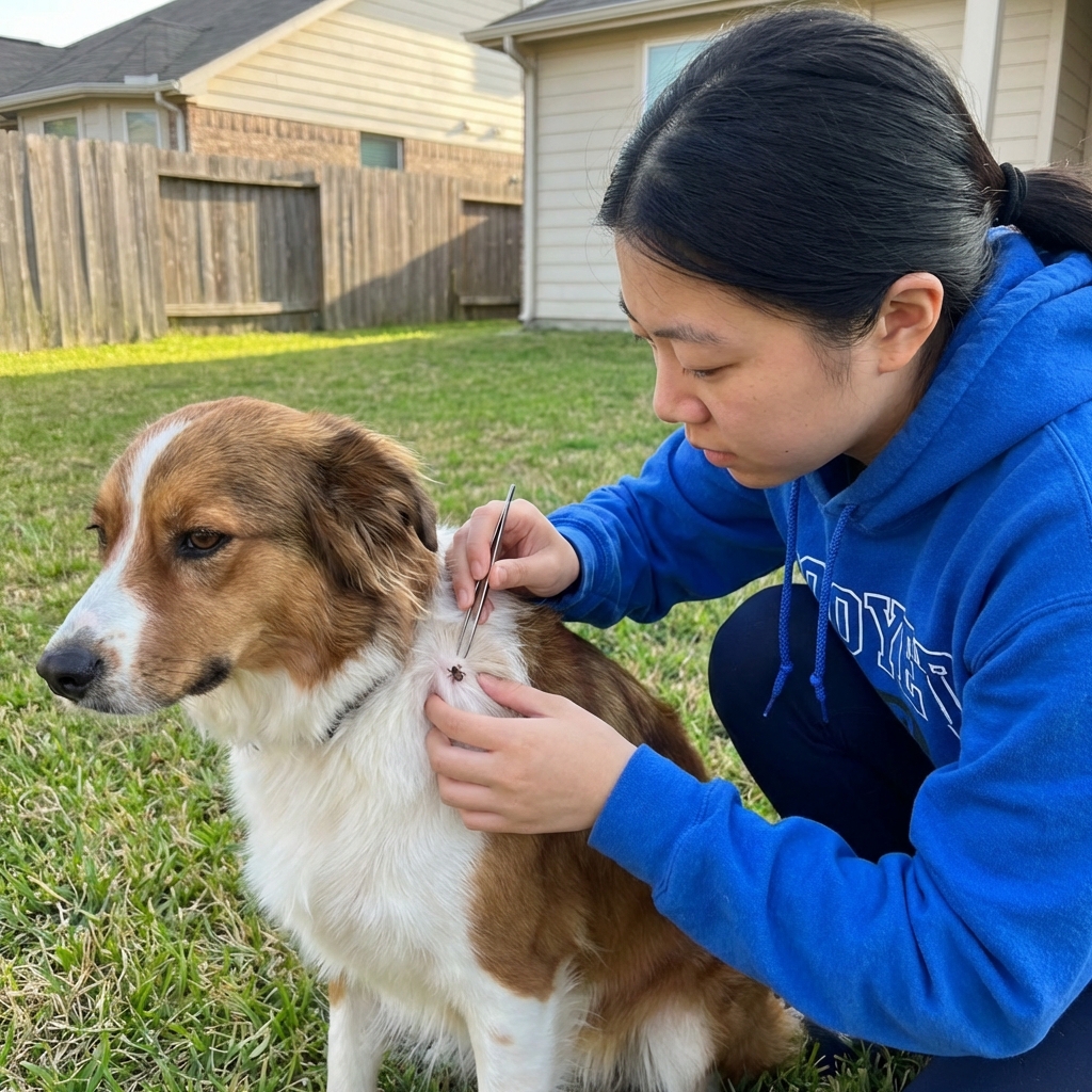A real photograph of a person holding fine-tipped tweezers near a dog’s coat while preparing to remove a tick