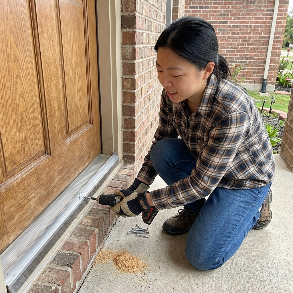 A real photograph of a person installing a door sweep on an exterior door at the bottom threshold