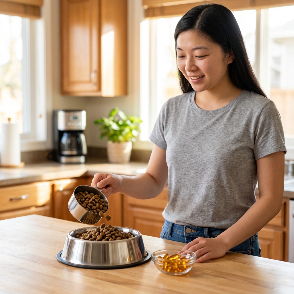A real photograph of a person measuring dog kibble into a bowl next to a small dish of fish oil capsules on a kitchen counter