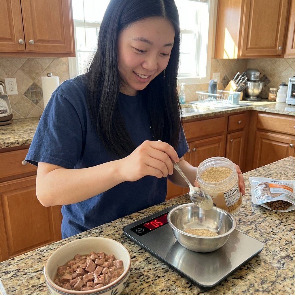 A real photograph of a person measuring powdered supplement on a digital kitchen scale next to a bowl of prepared cat food