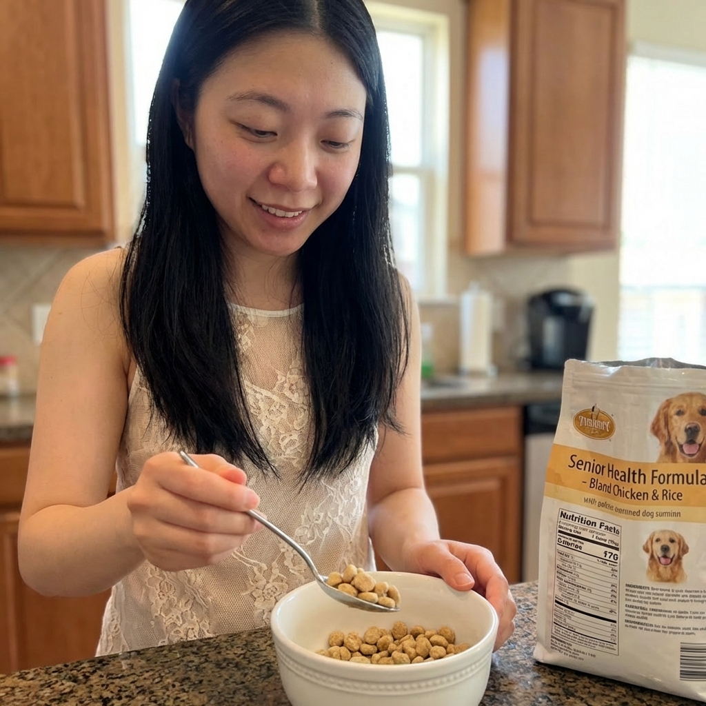 A real photograph of a person measuring small portions of bland dog food into a bowl with a spoon