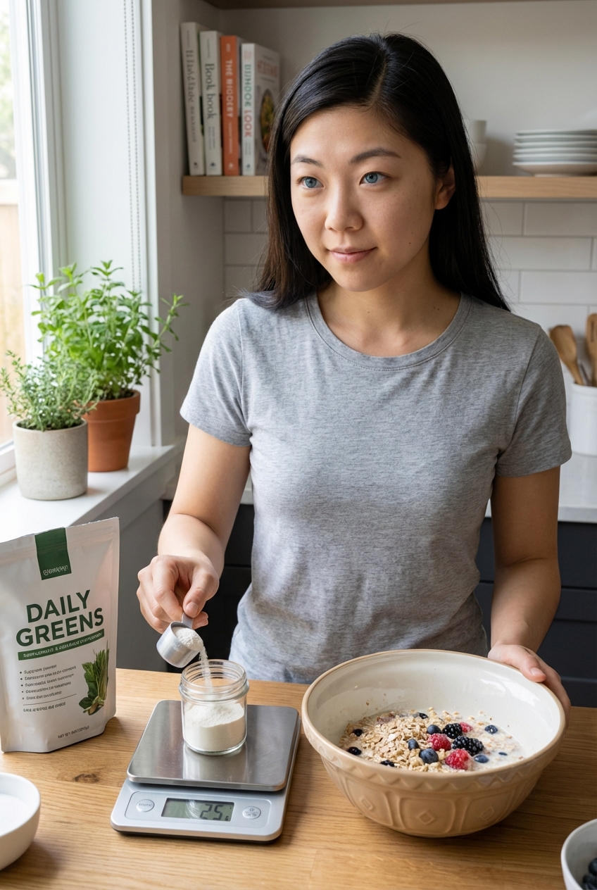 A real photograph of a person measuring supplement powder with a small kitchen scale next to a mixing bowl
