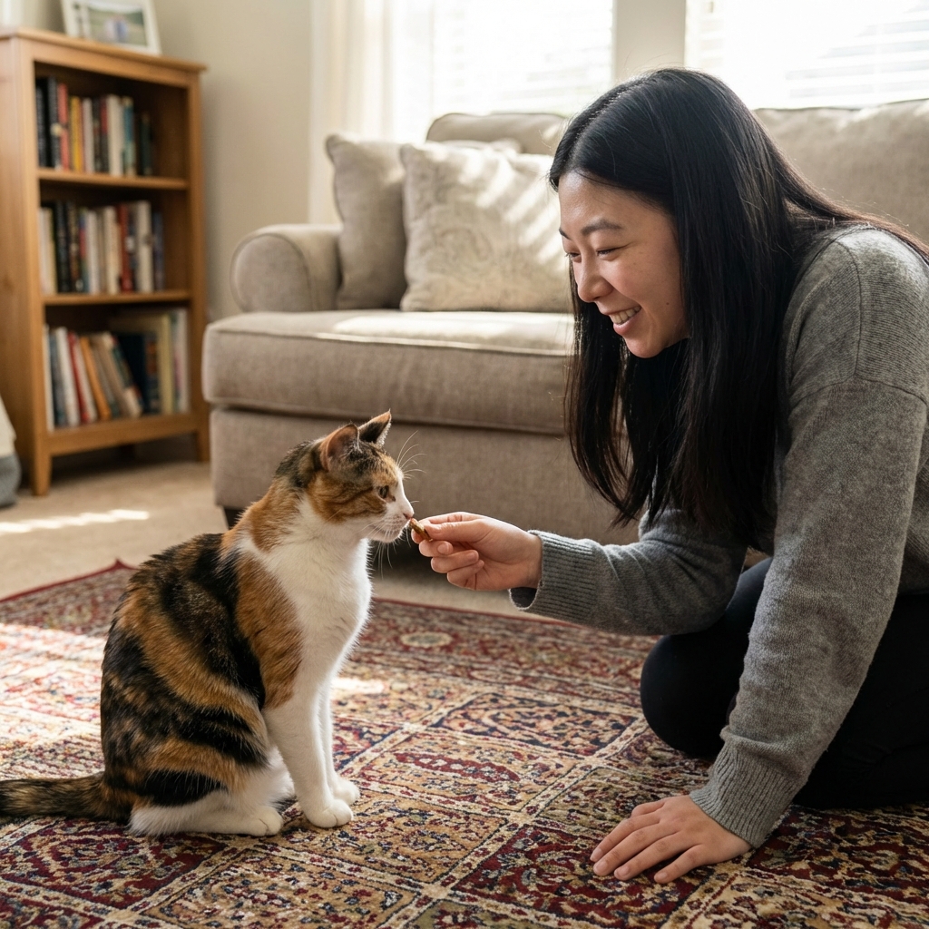 A real photograph of a person offering a small treat to a cat sitting calmly on a rug in a home