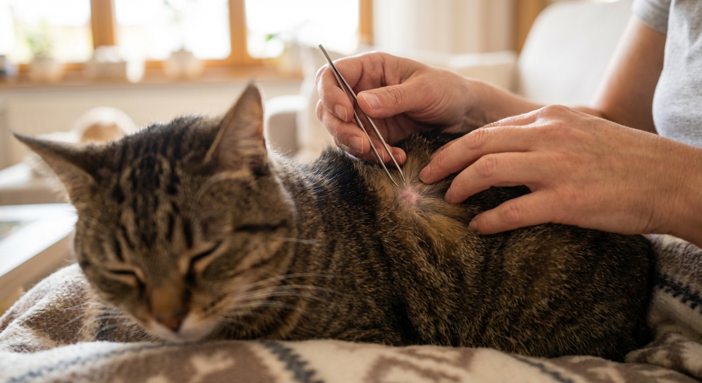 A real photograph of a person parting a cat’s fur with one hand while holding fine-tipped tweezers close to the cat’s skin