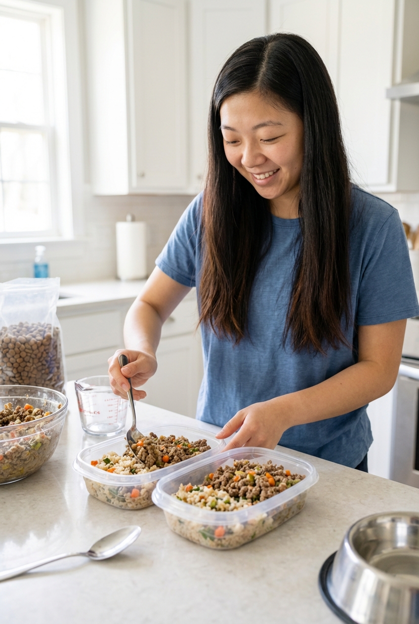 A real photograph of a person preparing two identical meal containers on a kitchen counter for a dog