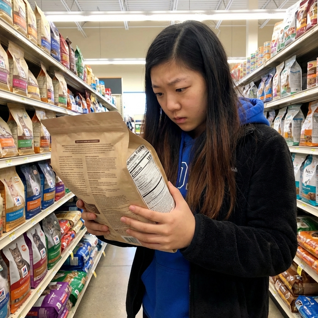 A real photograph of a person reading the back label of a bag of cat food in a pet store aisle