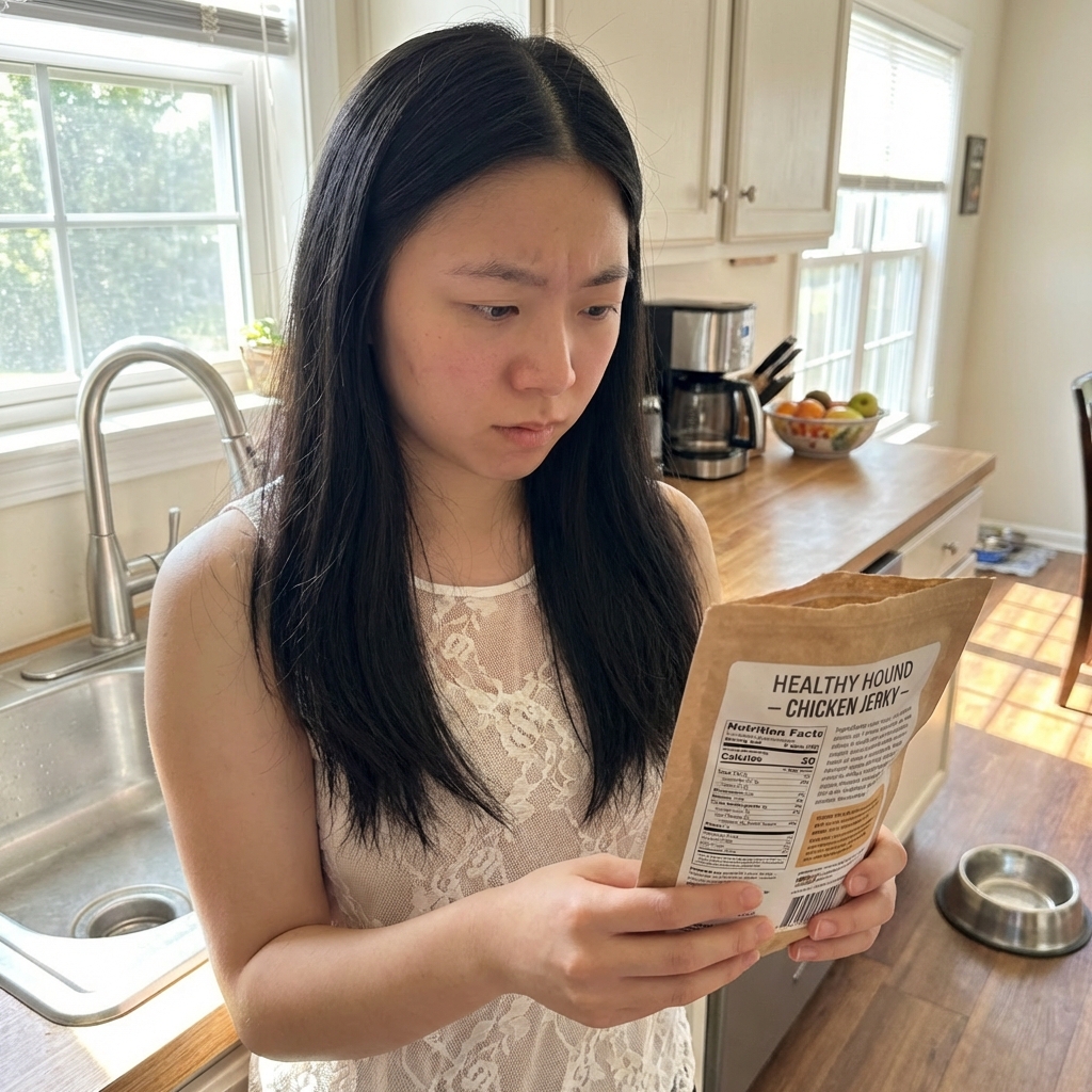 A real photograph of a person reading the ingredient label on a bag of dog treats in a kitchen