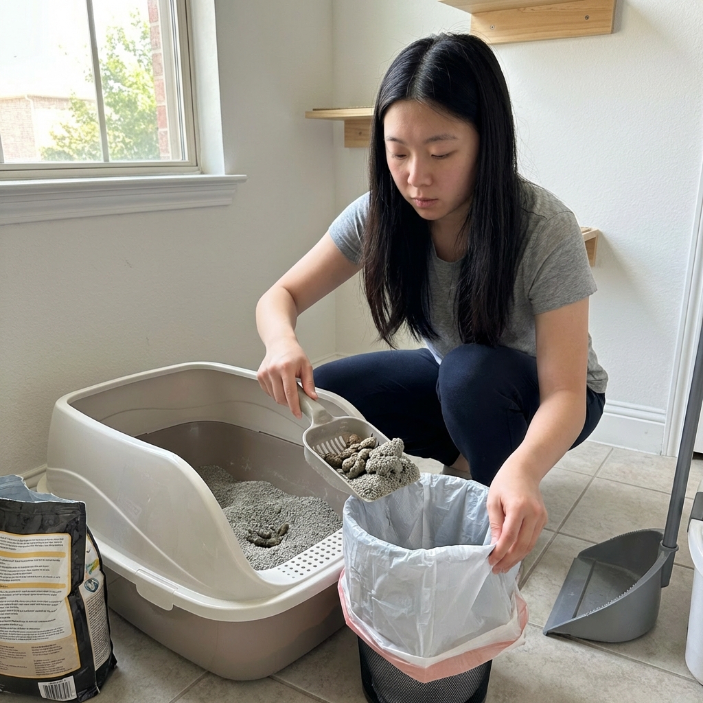 A real photograph of a person scooping a litter box with clumping litter in a well-lit room