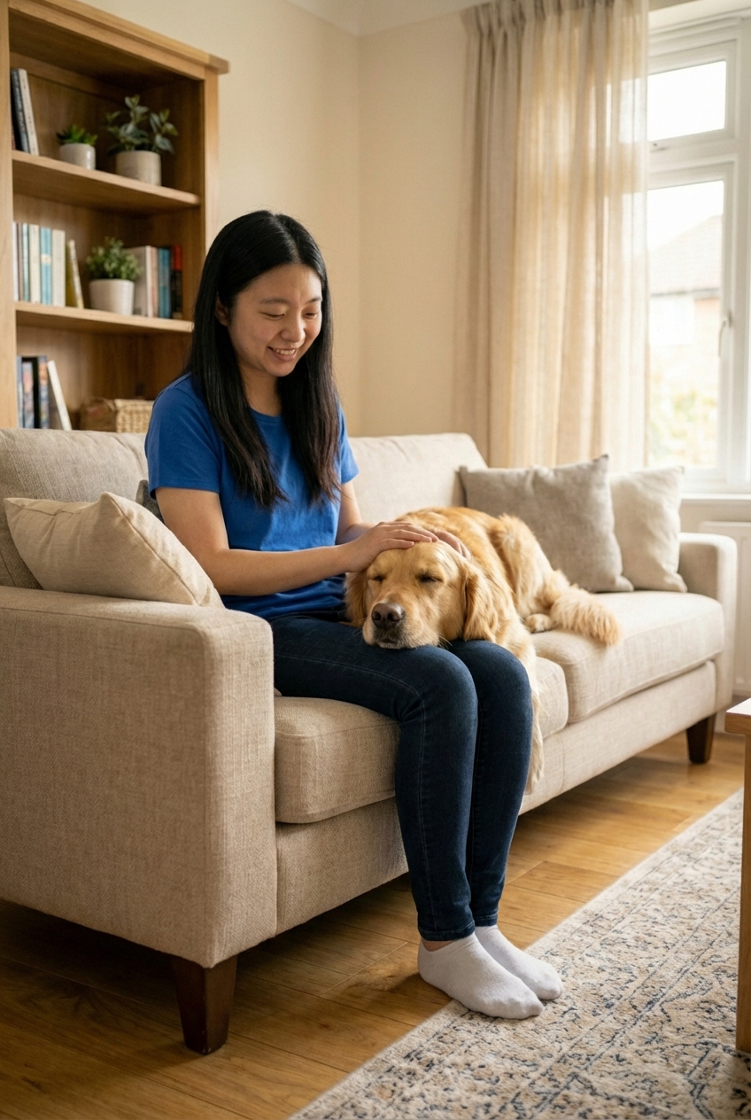 A real photograph of a person sitting on a couch with their dog resting its head on their lap in a calm home setting