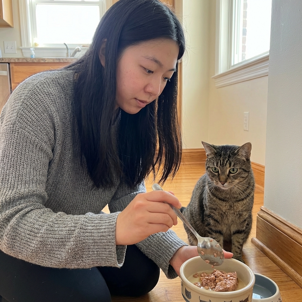 A real photograph of a person spooning a small amount of wet cat food into a bowl while a cat waits nearby