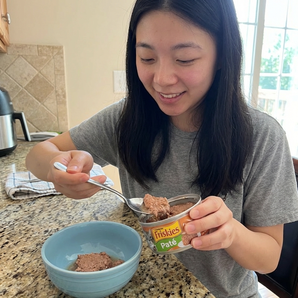 A real photograph of a person spooning wet cat food from a can into a ceramic bowl on a countertop