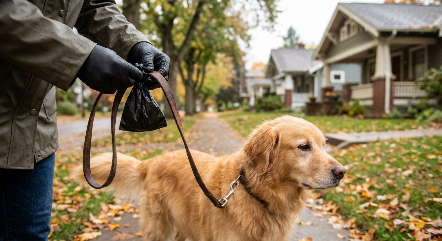 A real photograph of a person tying a dog waste bag on a leash handle during a neighborhood walk