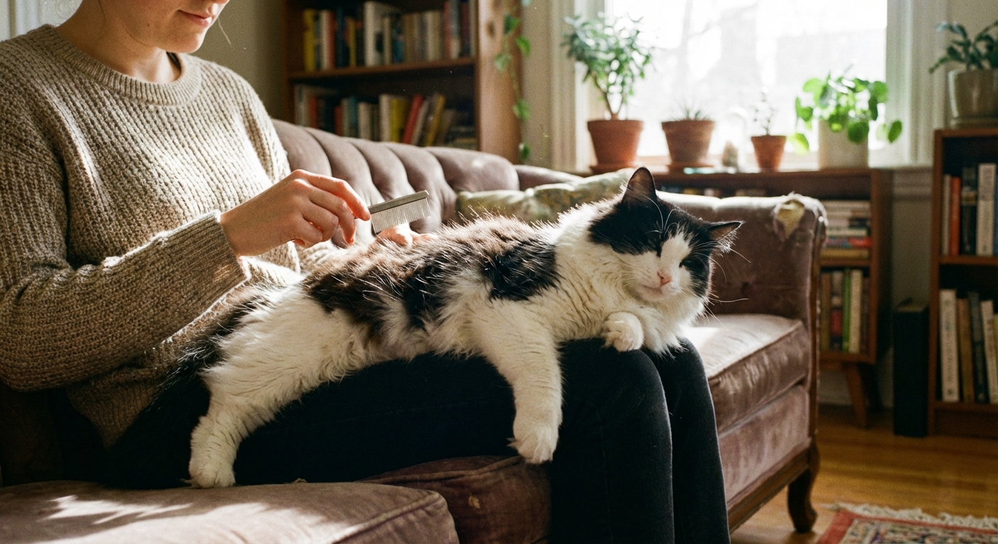 A real photograph of a person using a flea comb on a black-and-white cat on a couch