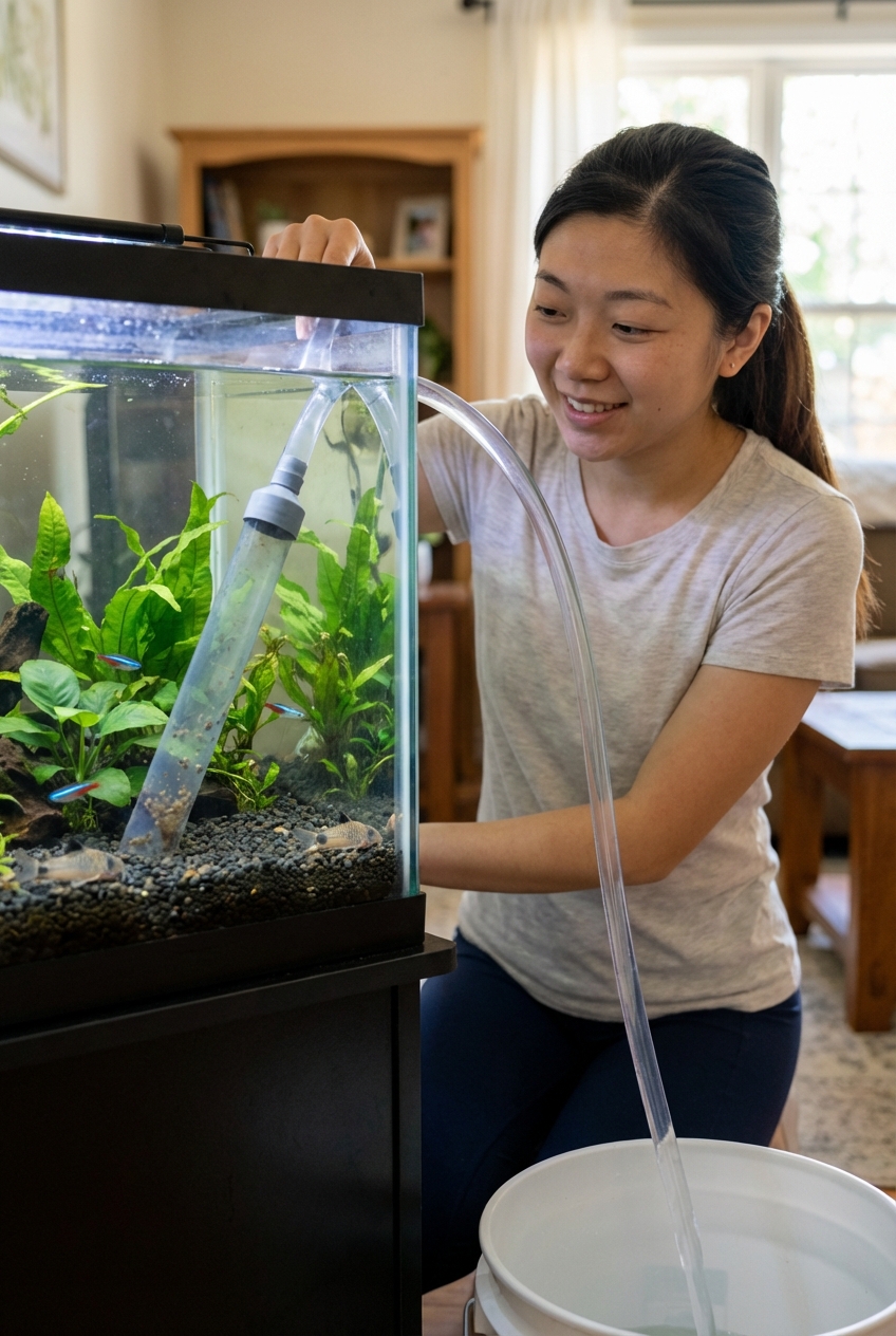 A real photograph of a person using a gravel vacuum siphon inside a freshwater aquarium