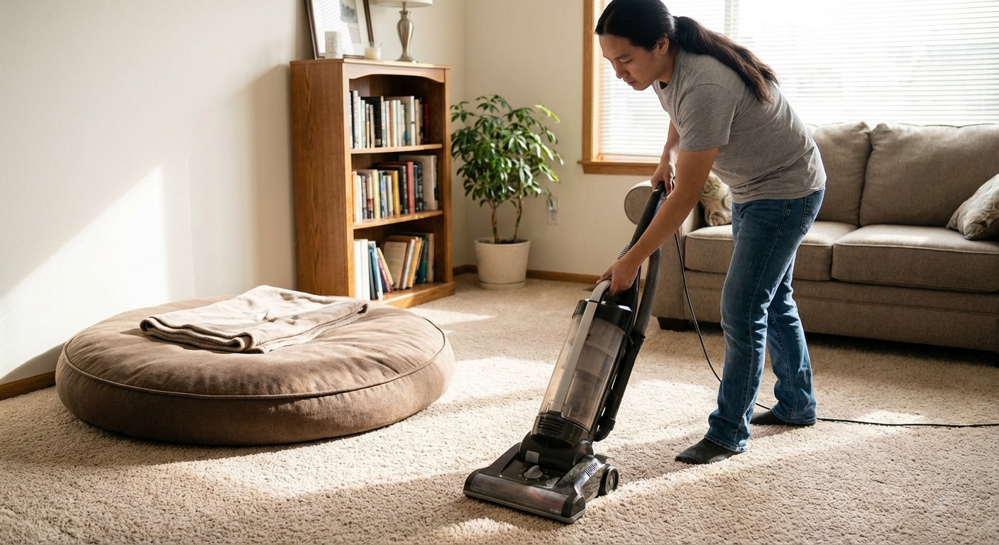 A real photograph of a person vacuuming a carpet next to a dog bed in a tidy home