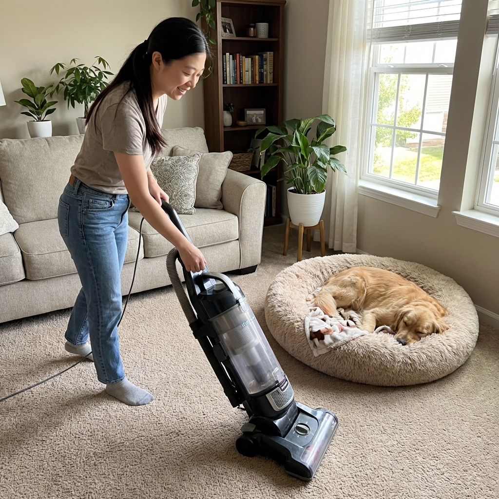 A real photograph of a person vacuuming a carpeted living room floor near a pet bed