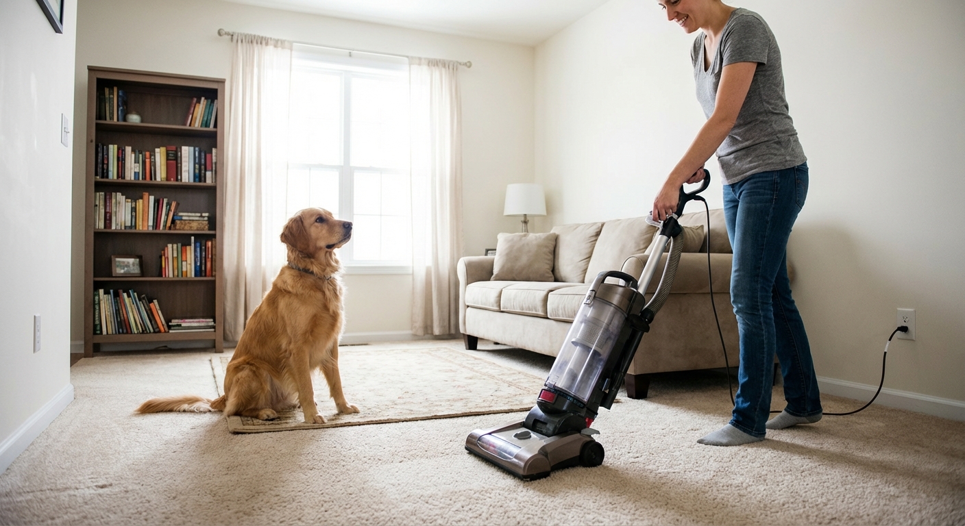 A real photograph of a person vacuuming a carpeted floor in a clean home with a dog watching nearby