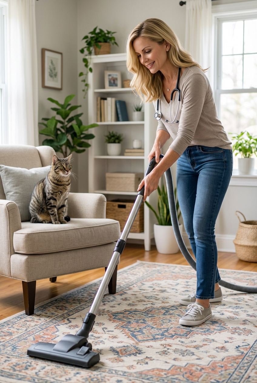 A real photograph of a person vacuuming a living room rug while a cat watches from a nearby chair
