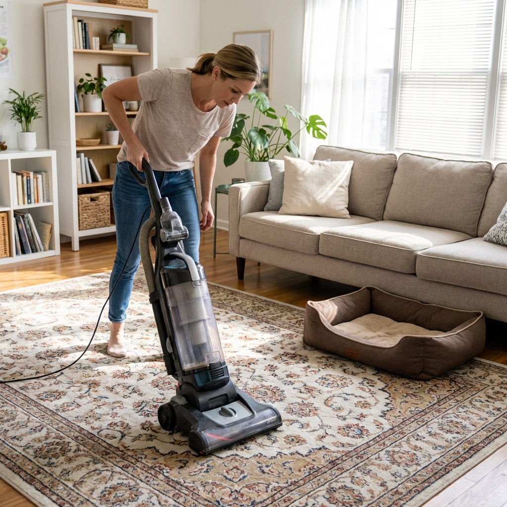 A real photograph of a person vacuuming a living room rug with a dog bed nearby