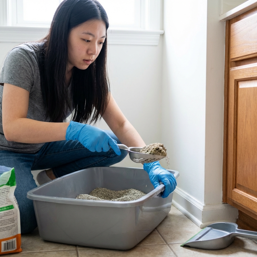 A real photograph of a person wearing disposable gloves while scooping a clumping cat litter box