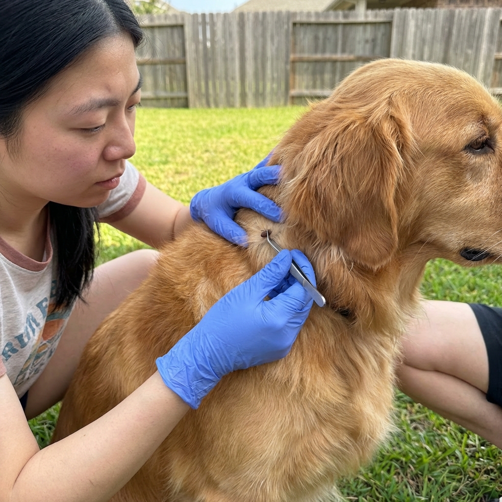 A real photograph of a person wearing gloves using tweezers to remove a tick from a dog’s fur