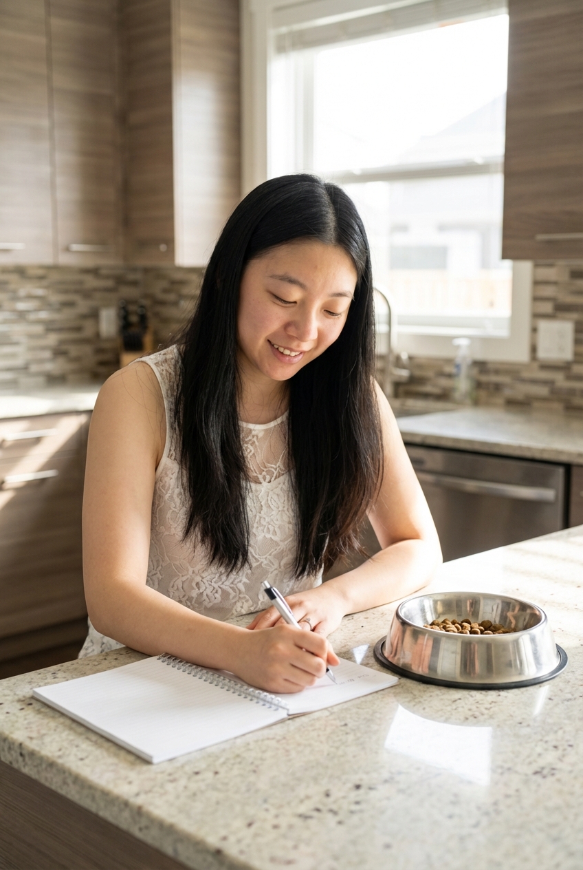 A real photograph of a person writing notes in a notebook next to a dog food bowl on a kitchen counter