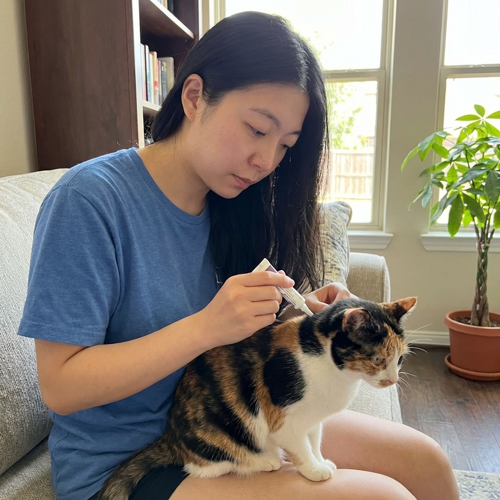 A real photograph of a pet owner applying a topical medication to the back of a cat's neck at home