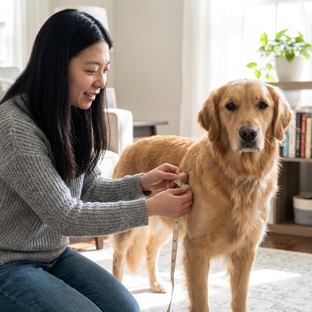 A real photograph of a pet owner gently measuring a small lump on a dog’s side with a soft measuring tape in a well-lit home setting, the dog calm and standing, photorealistic