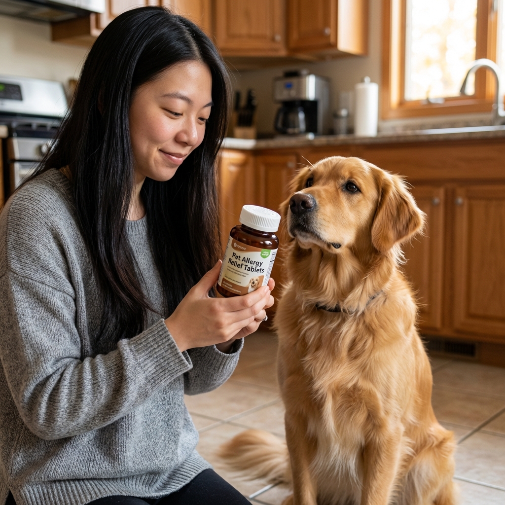 A real photograph of a pet owner holding a single bottle of allergy tablets next to a dog on a kitchen floor