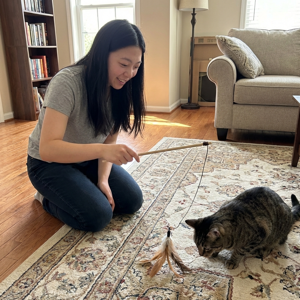 A real photograph of a pet owner kneeling beside a cat, checking a string toy on a living room rug