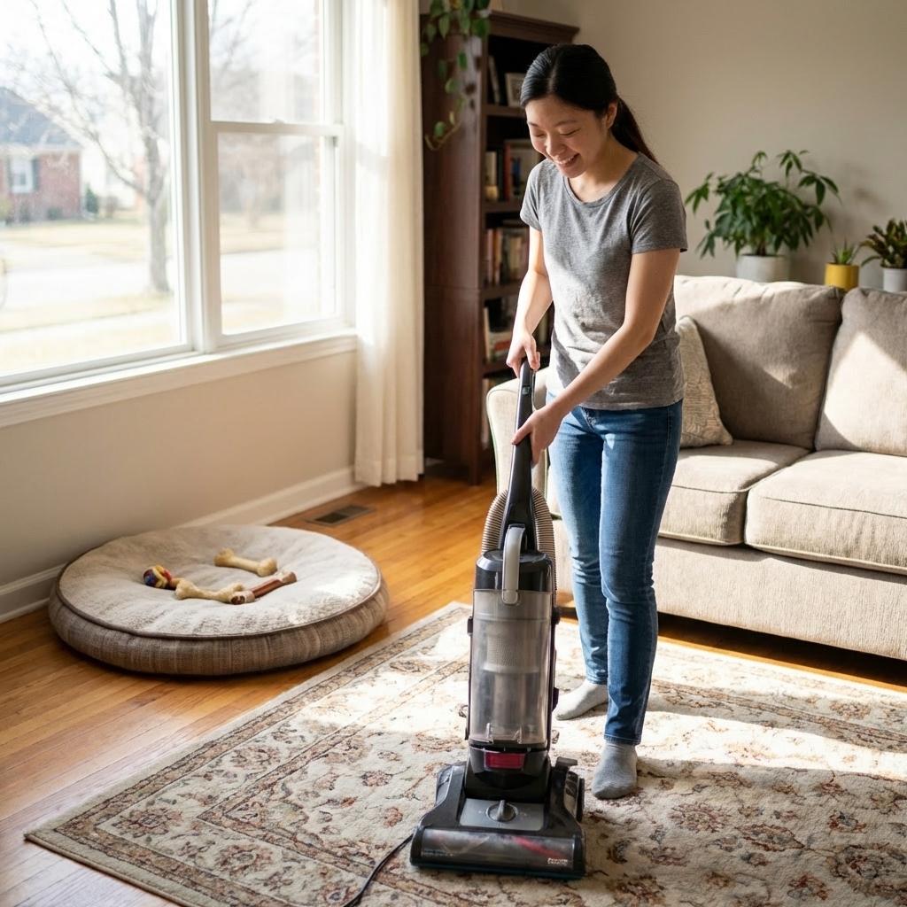 A real photograph of a pet owner vacuuming a living room rug with a dog bed nearby, natural daylight through a window