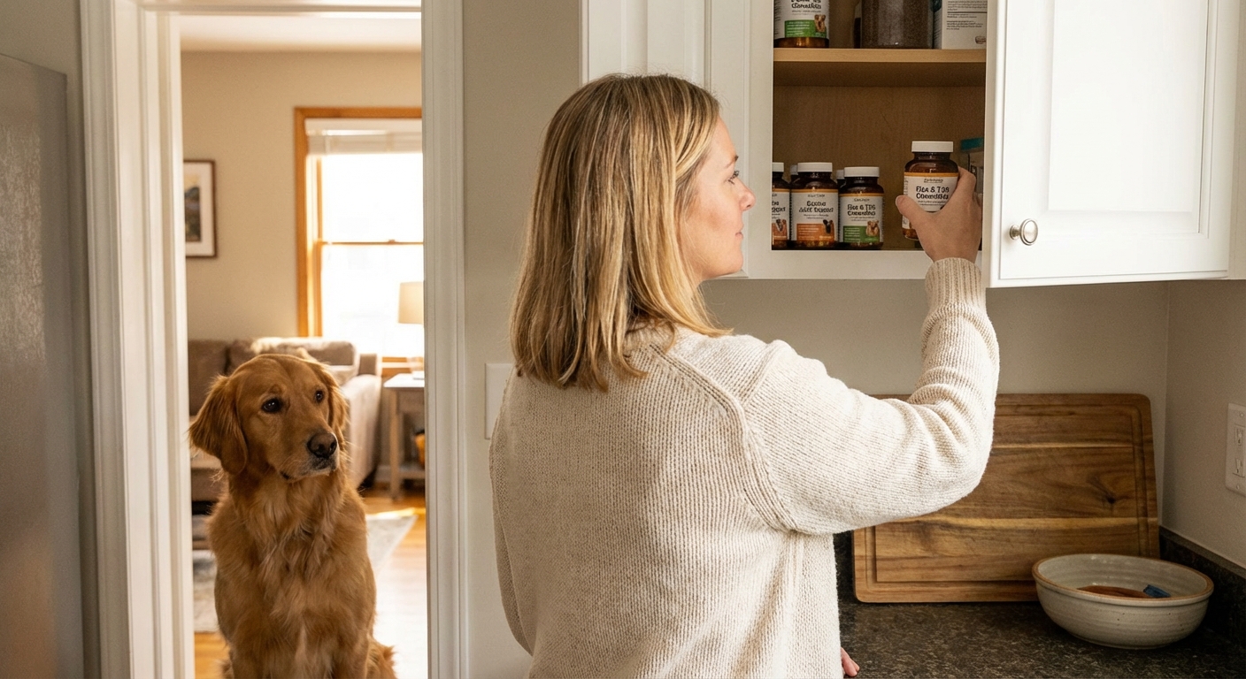 A real photograph of a pet parent placing household medications into a closed cabinet while a dog watches from the doorway