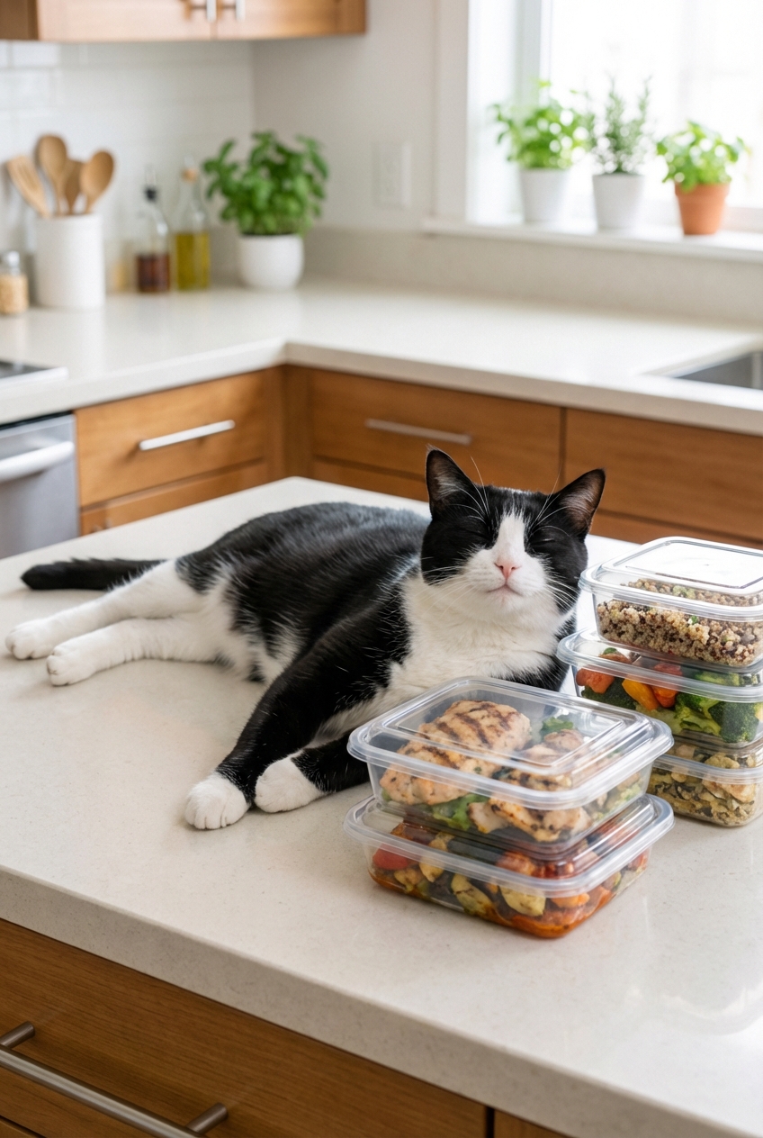 A real photograph of a relaxed black-and-white cat lying next to sealed meal prep containers on a kitchen counter