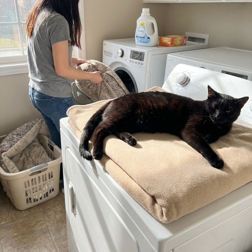 A real photograph of a relaxed black cat lying on a clean blanket while a person washes pet bedding in a home laundry room
