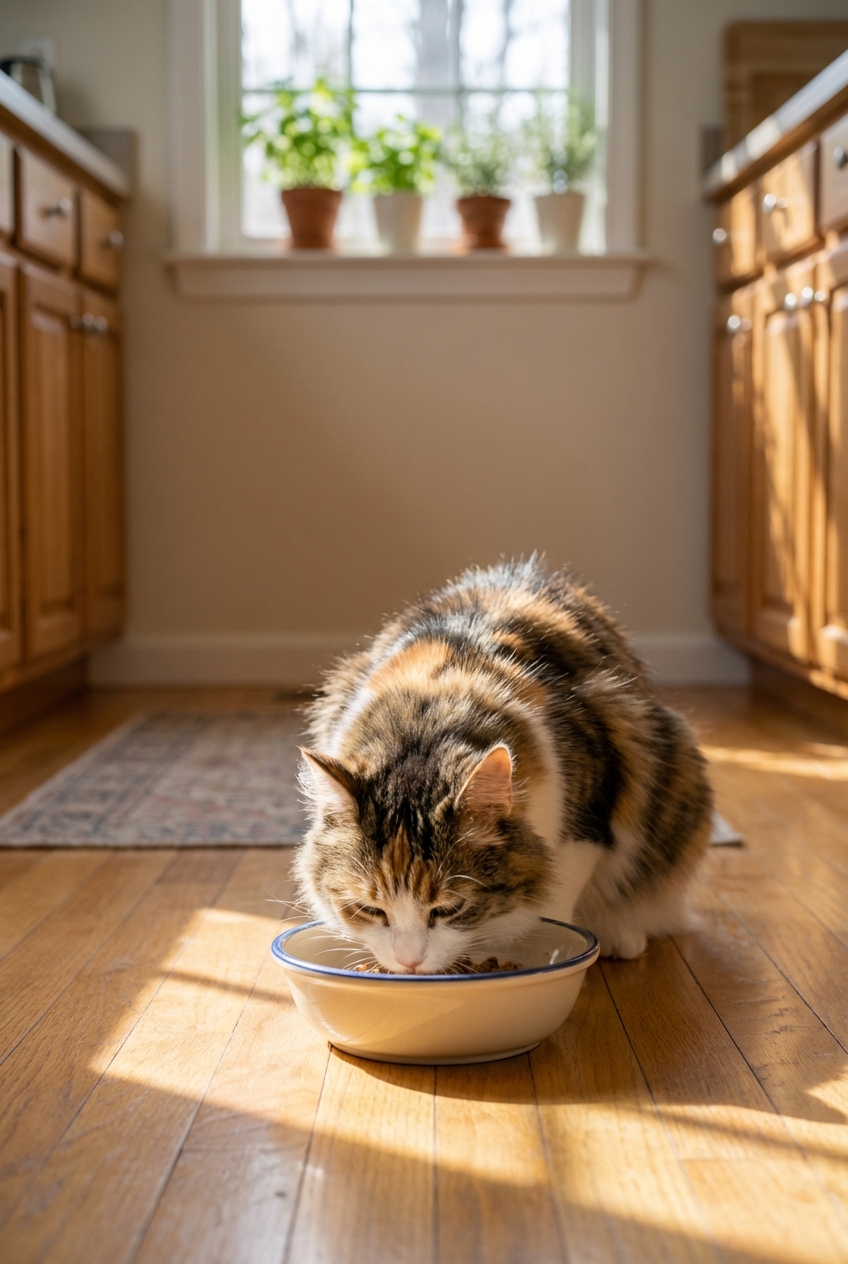 A real photograph of a relaxed cat eating from a shallow ceramic bowl in a quiet, sunlit kitchen