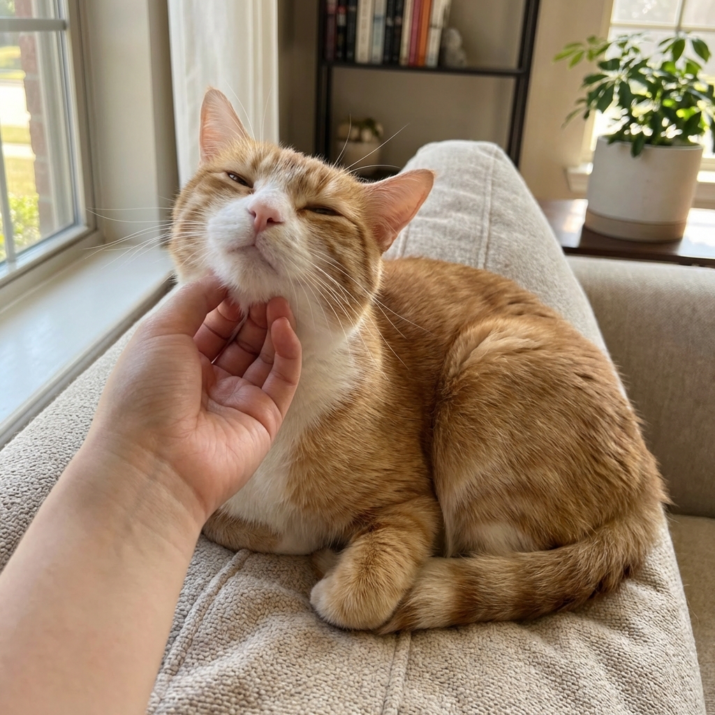 A real photograph of a relaxed cat leaning into gentle chin scratches from a human hand