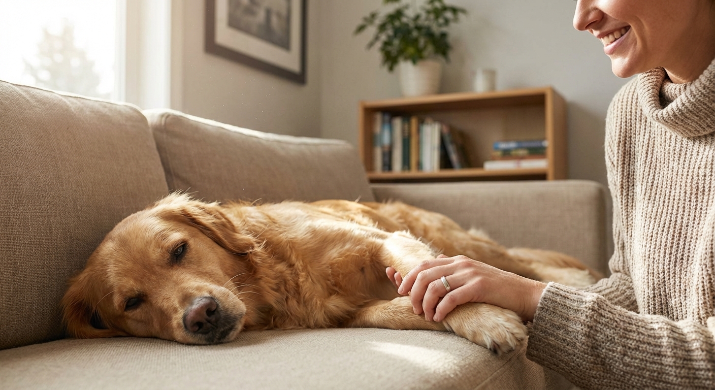 A real photograph of a relaxed dog lying on a couch while an owner gently holds the dog's paw