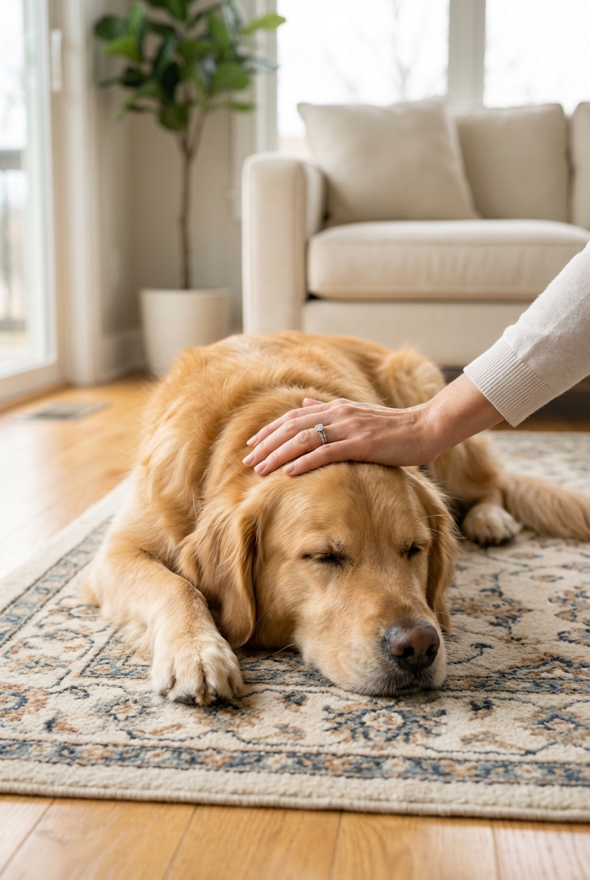 A real photograph of a relaxed dog lying on a living room rug while a person gently pets its head