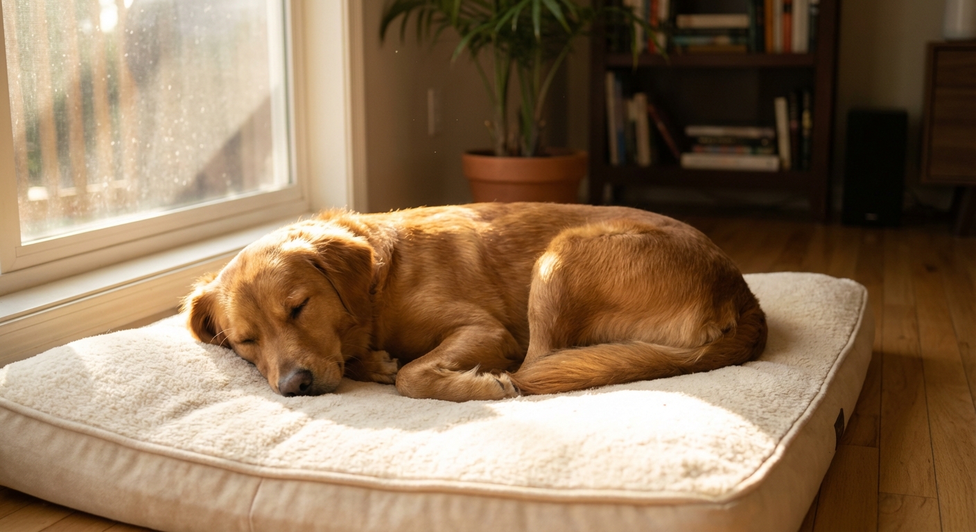 A real photograph of a relaxed dog sleeping on a clean dog bed indoors with sunlight coming through a window