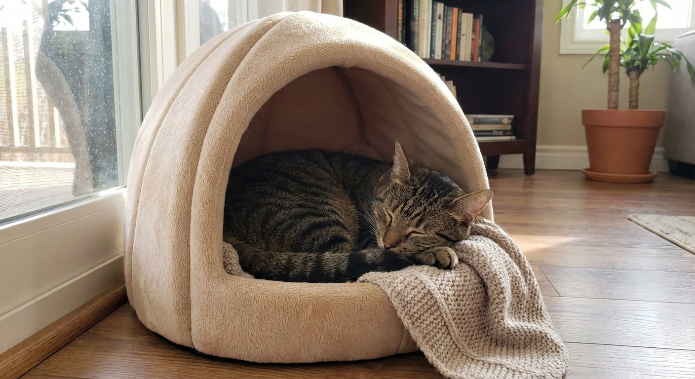 A real photograph of a relaxed domestic shorthaired cat resting inside a cozy covered cat bed