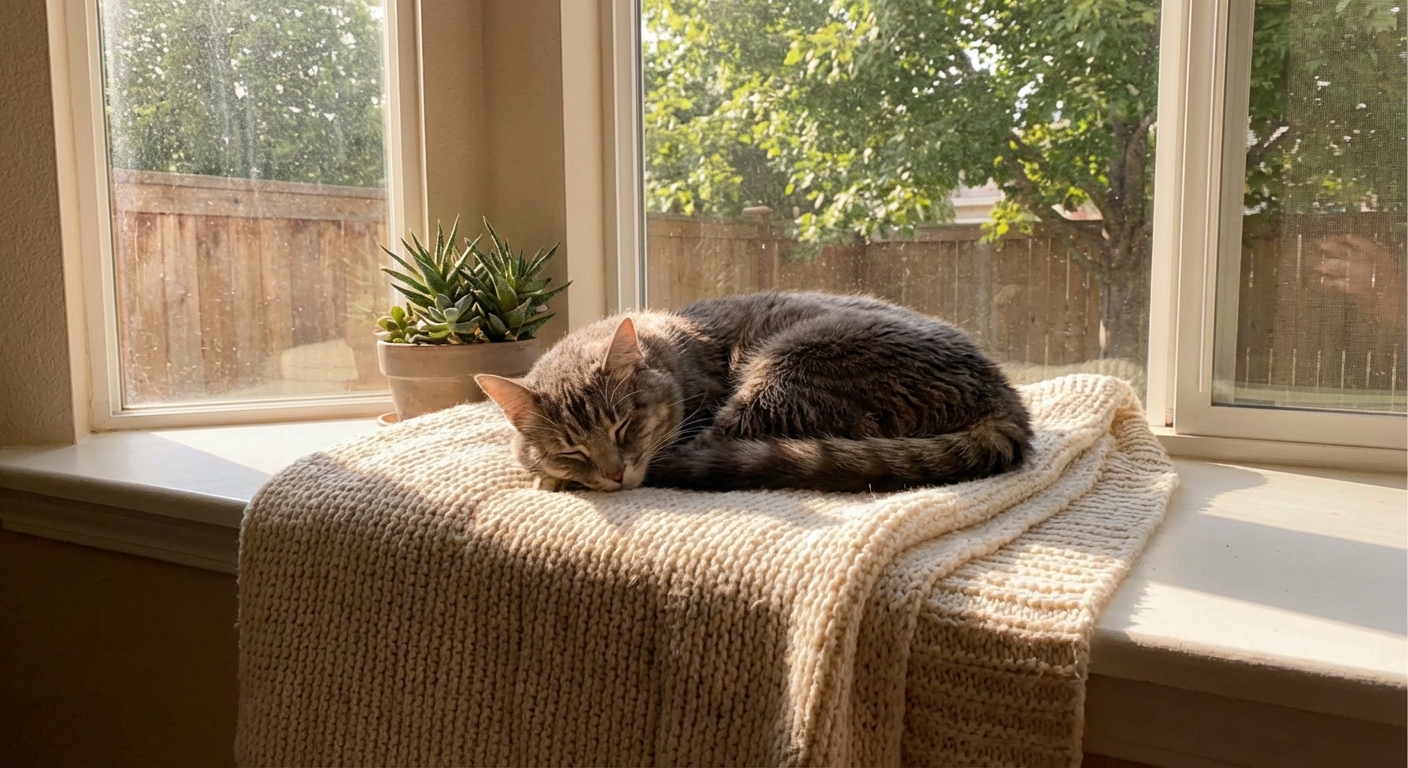 A real photograph of a relaxed gray cat resting on a soft blanket near a sunny window
