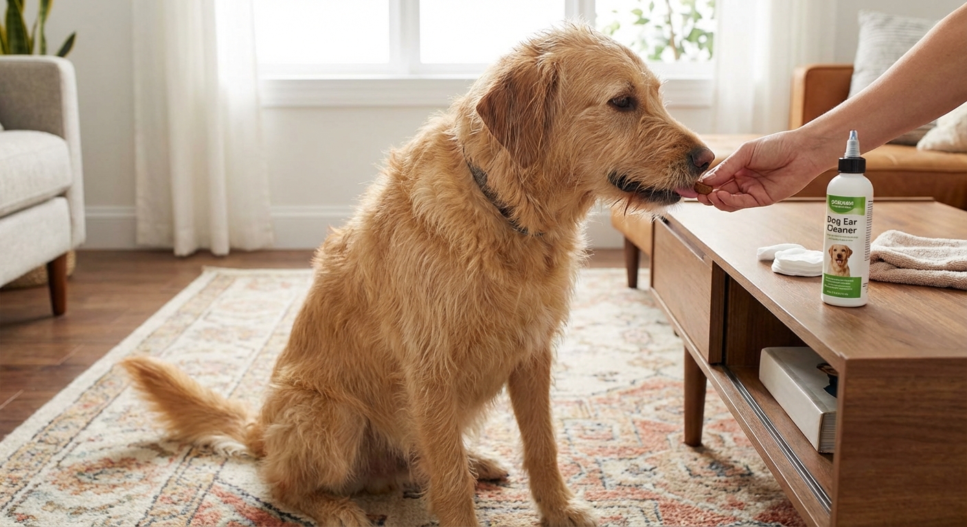 A real photograph of a relaxed mixed-breed dog receiving a treat after an ear cleaning session at home