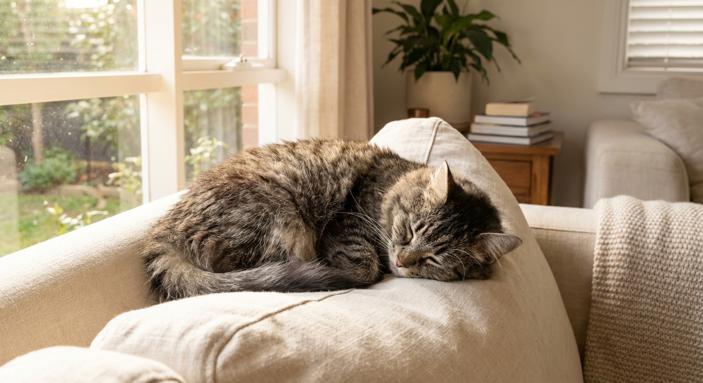 A real photograph of a senior cat resting comfortably on a couch while daylight comes through a nearby window