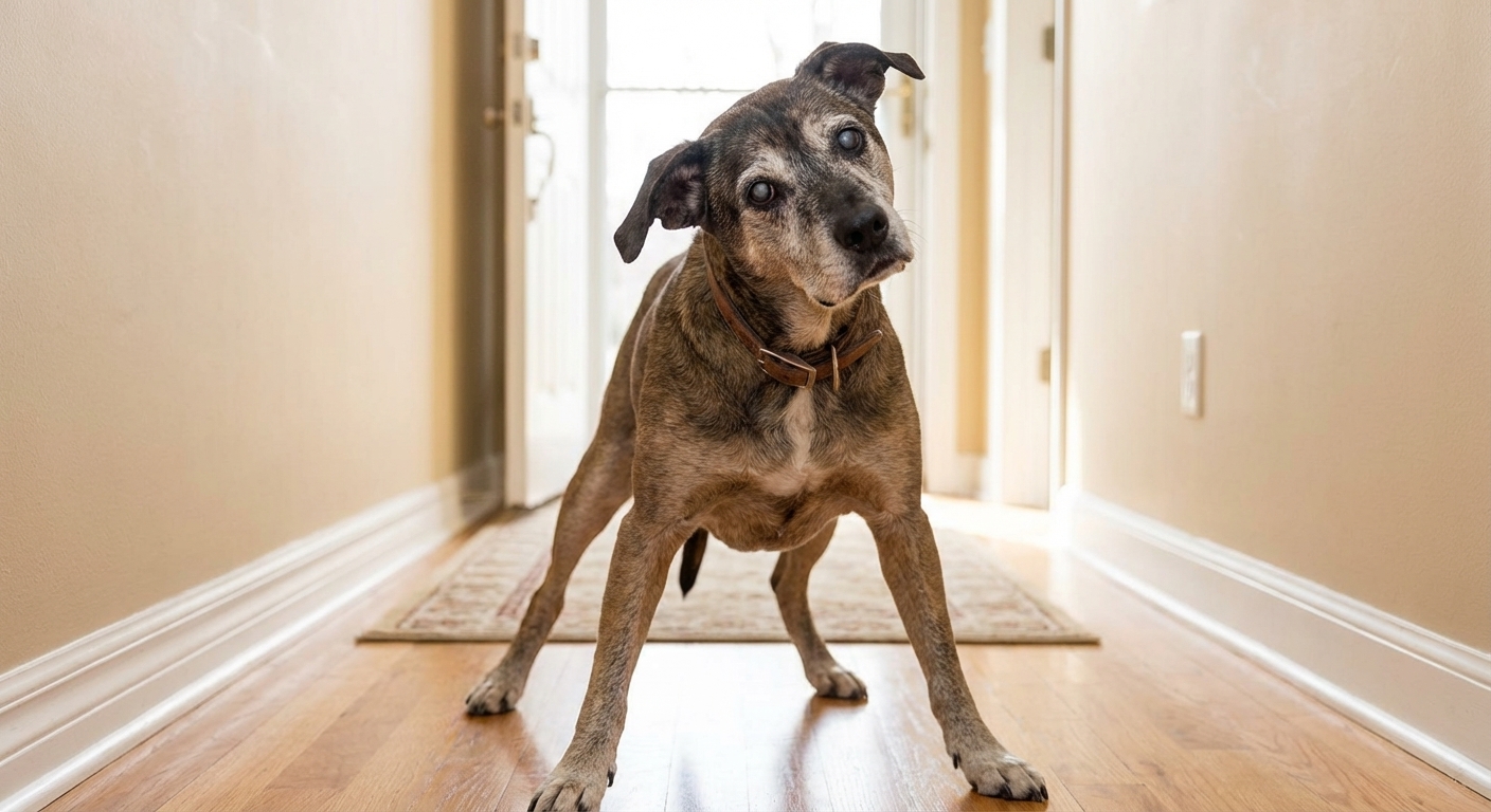 A real photograph of a senior mixed-breed dog standing in a hallway with a noticeable head tilt and wide stance for balance, looking unsteady