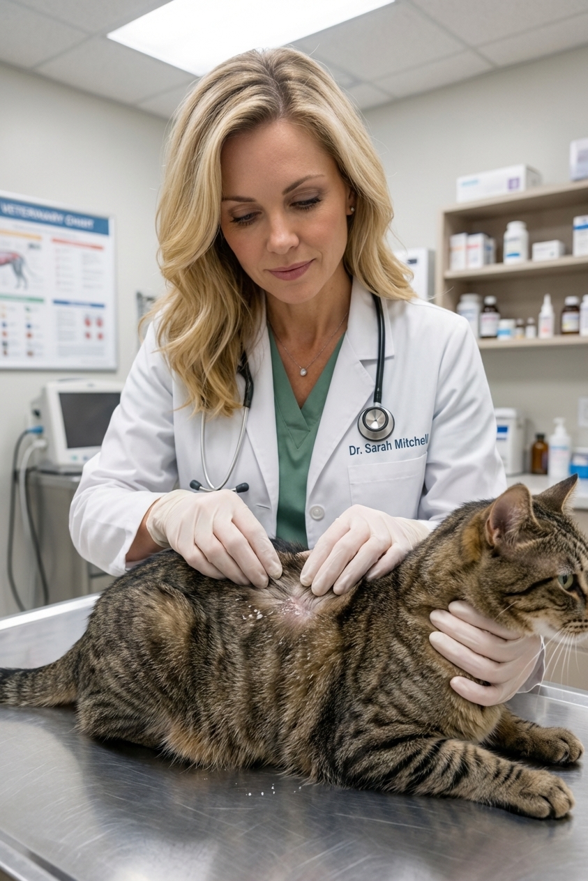 A real photograph of a short-haired cat being gently parted along the mid-back to reveal white flaky scaling near the skin, taken in a veterinary exam room