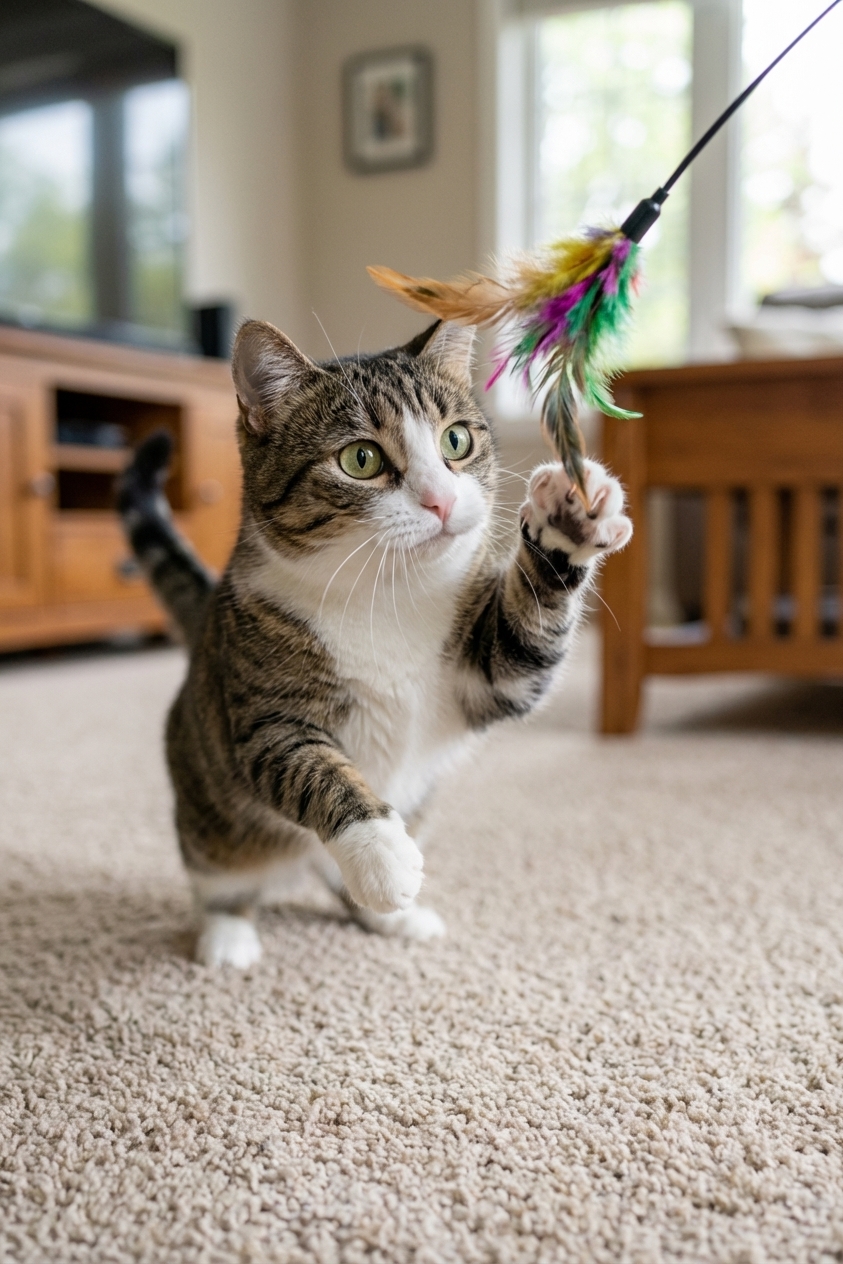 A real photograph of a short-legged Munchkin cat pouncing on a feather wand toy on a carpeted floor, mid-action with focused eyes, indoor home setting