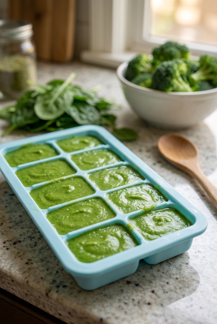 A real photograph of a silicone ice cube tray on a kitchen counter filled with green vegetable puree