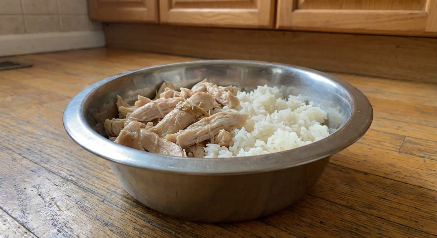 A real photograph of a simple homemade dog meal in a stainless steel bowl with cooked meat and plain rice