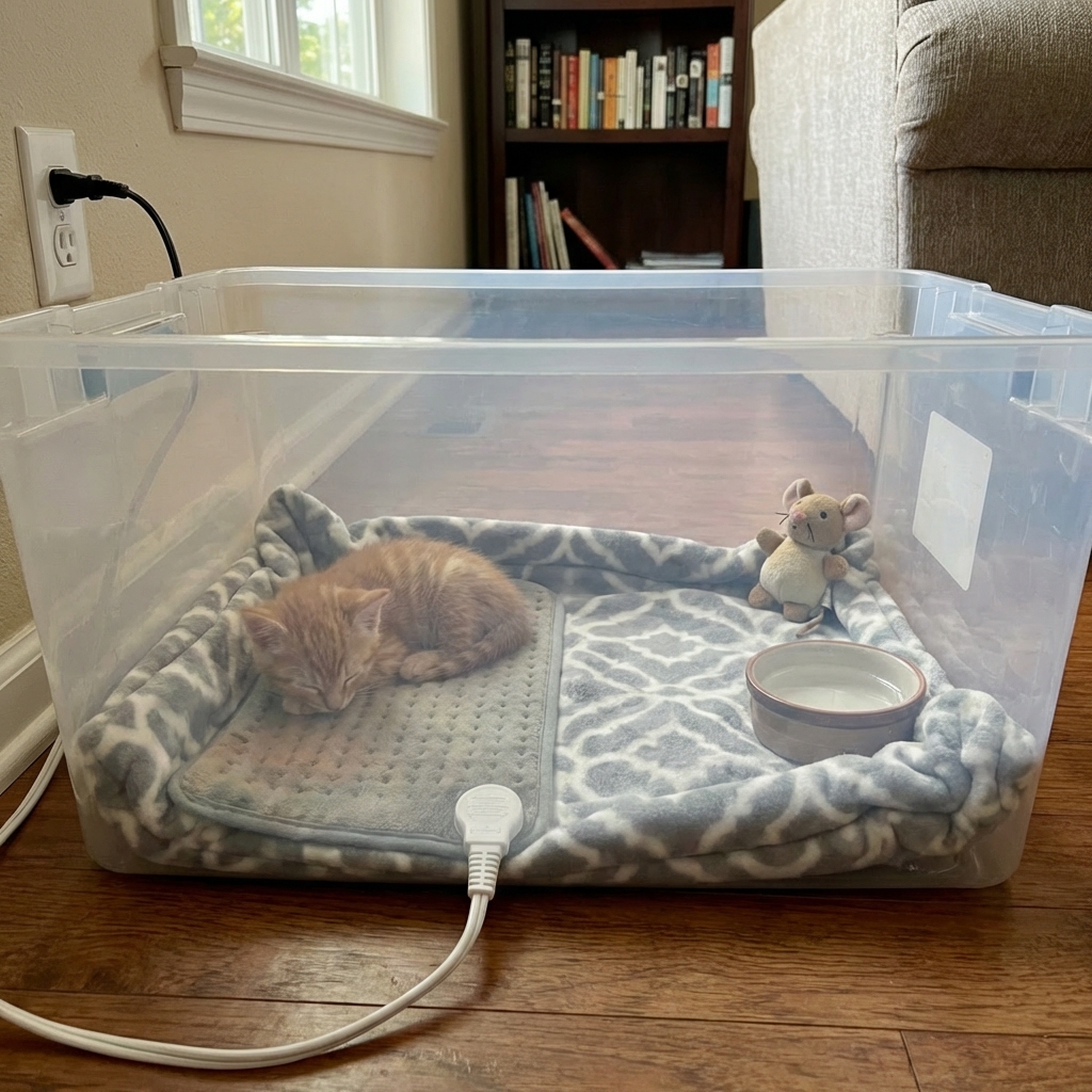 A real photograph of a simple kitten nursery setup with a plastic storage bin lined with fleece and a heating pad placed under half of it