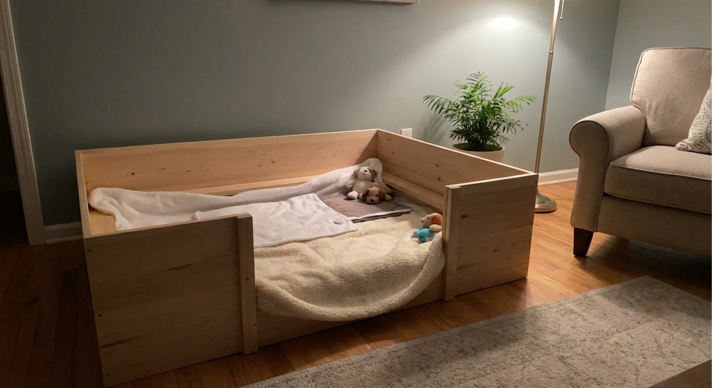 A real photograph of a simple whelping box set up in a quiet corner of a home with clean blankets and soft lighting